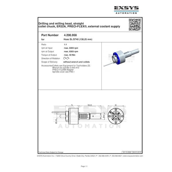 VDI40, Long Coupling, Drilling And Milling Head, Straight Collet Chuck, ER32A, PRECIFLEX